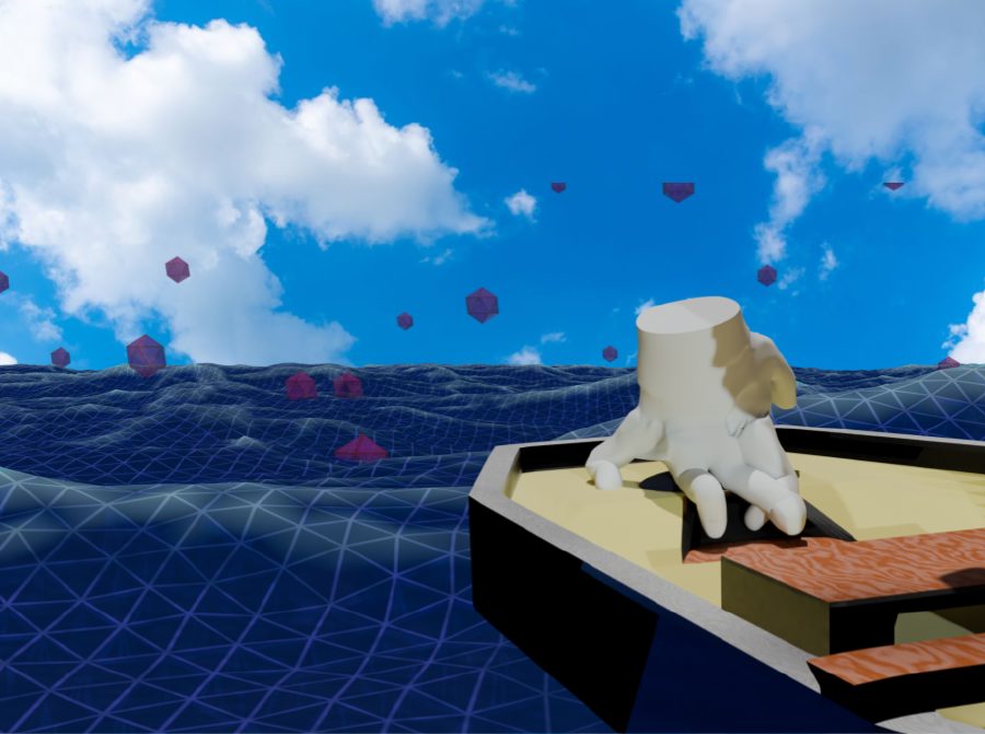 Click LaFont resting a hand on the bow of a small boat, on a wireframe sea, under photographic clouds, with dark red polyhedra floating in the air.